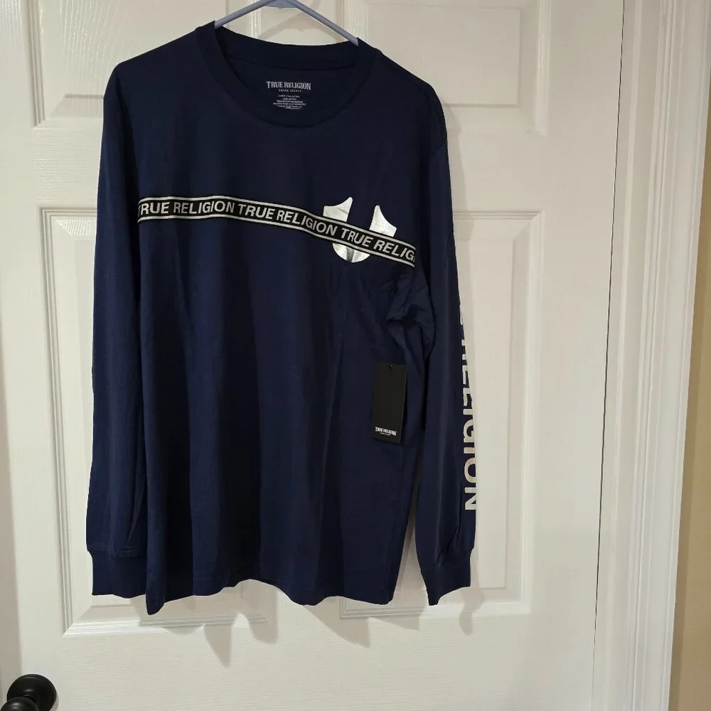 True Religion Men's Foil Taping Long‎ Sleeve T-Shirt Blue Size L New with Tags